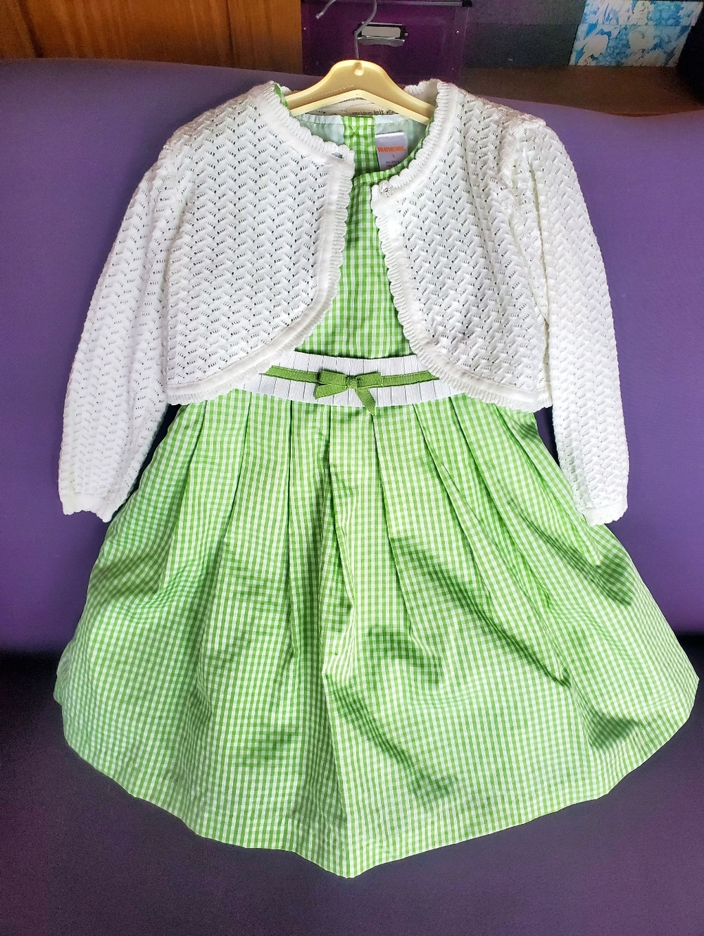 Gymboree Green Gingham Dress with White Knit Bolero. Size 3